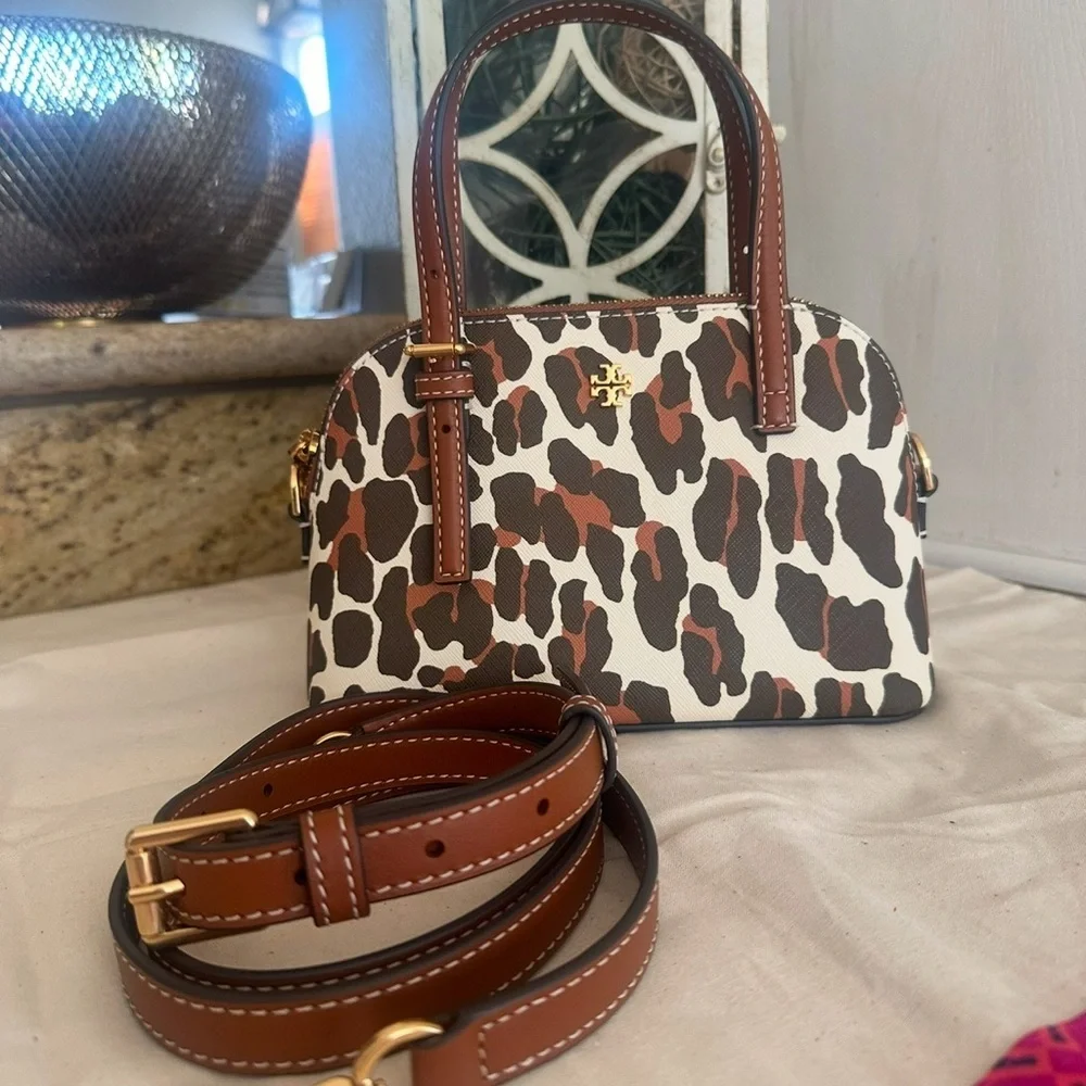 New Tory Burch EMERSON PRINTED DOME SATCHEL BEIGE REVA LEOPARD